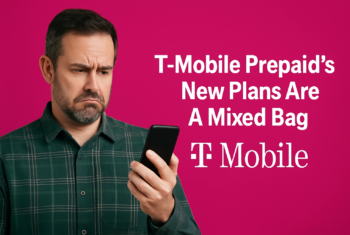 Disgruntled dark-haired man with a short beard looking at his phone. Beside him, the text reads “T-Mobile Prepaid's New Plans Are A Mixed Bag."