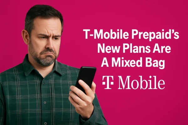 Disgruntled dark-haired man with a short beard looking at his phone. Beside him, the text reads “T-Mobile Prepaid's New Plans Are A Mixed Bag.