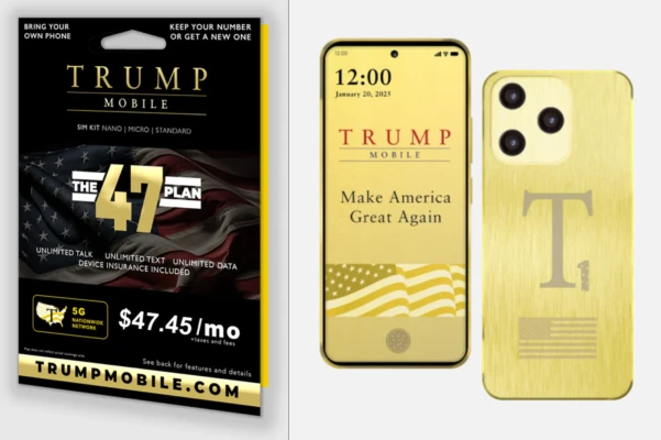 Trump Mobile SIM card on left half and right half is front and back of T1 Trump Mobile phone