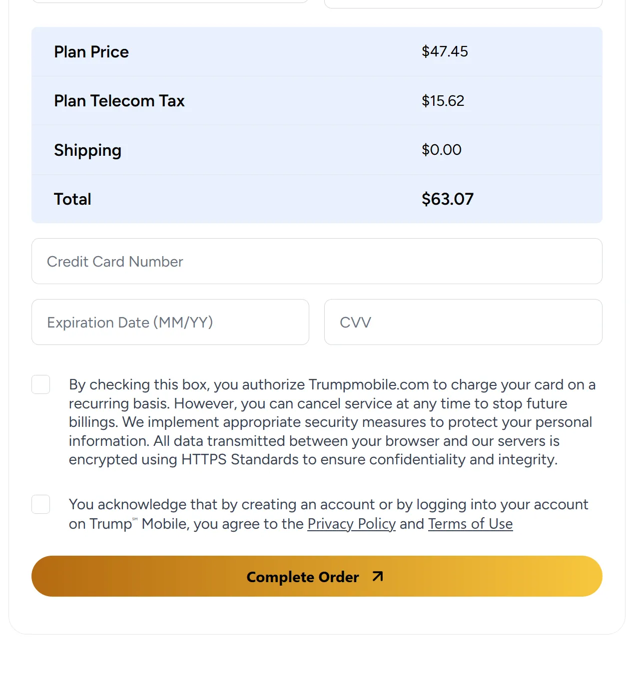Trump Mobile Taxes Trump Mobile website screenshot showing price of taxes and fees