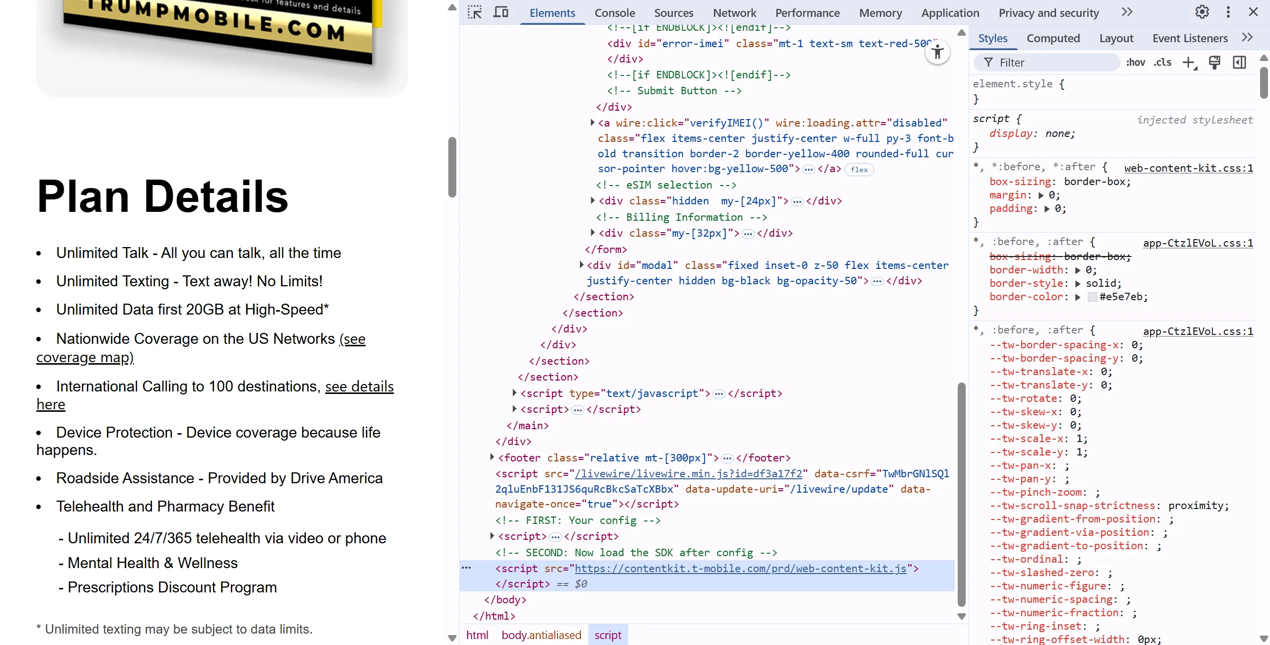 Trump Mobile website T-mobile webcode screenshot of Trump Mobile website showing code for T-Mobile on it