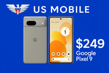 The US Mobile logo on a solid blue background, with two Google Pixel 9 phones, one showing the back and one showing the screen, next to bold white text that reads "$249 Google Pixel 9."