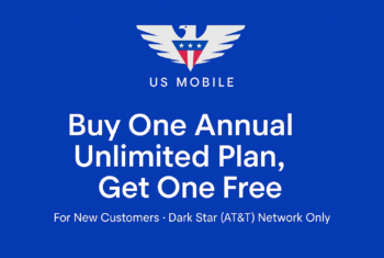 US Mobile Logo with words buy one annual unlimited plan get one free on it