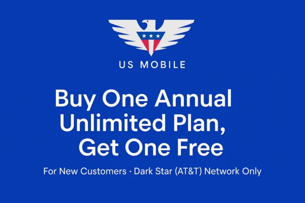 US Mobile Logo with words buy one annual unlimited plan get one free on it