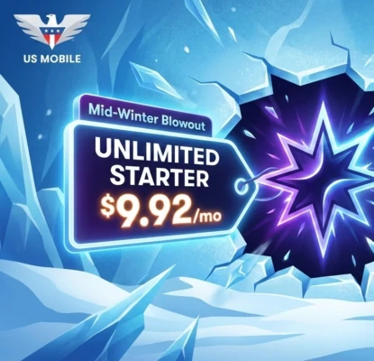 A winter-themed digital graphic with an icy blue background and a glowing dark star. Text displays US Mobile's Mid-Winter Blowout deal for Unlimited Starter at $9.92 per month.