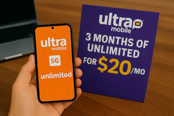 A hand holding a smartphone displaying the Ultra Mobile logo and unlimited 5G offer, next to a purple sign that reads 'Ultra Mobile 3 months of unlimited for $20/mo,' with a laptop and wooden table in the background