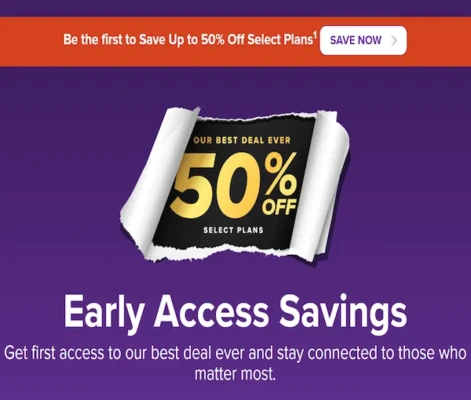 Ultra Mobile promotional banner showing a torn paper revealing text that reads ‘Our Best Deal Ever 50% Off Select Plans’ with a purple background and headline ‘Early Access Savings – Get first access to our best deal ever and stay connected