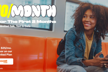 A young woman smiles while sitting on an orange subway seat, holding her phone. Promotional text on the image advertises Boost Mobile’s unlimited plan for $10 per month for the first two months, then $25 per month after