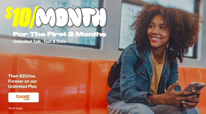 A young woman smiles while sitting on an orange subway seat, holding her phone. Promotional text on the image advertises Boost Mobile’s unlimited plan for $10 per month for the first two months, then $25 per month after