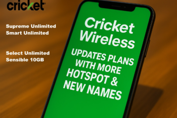 A modern smartphone sits on a wooden desk, its screen brightly displaying “Cricket Wireless Updates Plans With More Hotspot & New Names” in bold white text on a vivid green background. New plan names shown next to phone.