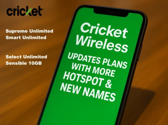 A modern smartphone sits on a wooden desk, its screen brightly displaying “Cricket Wireless Updates Plans With More Hotspot & New Names” in bold white text on a vivid green background. New plan names shown next to phone.