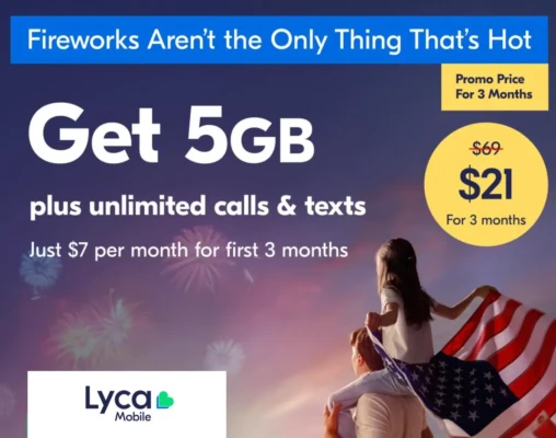 Promotional graphic for Lyca Mobile’s 4th of July offer. Text reads 