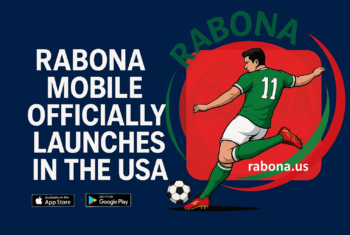 Graphic announcing Rabona Mobile's official launch in the USA, featuring a soccer player in a green jersey performing a rabona kick with the brand's circular logo and bold launch text on a dark blue background. rabona.us link also shown