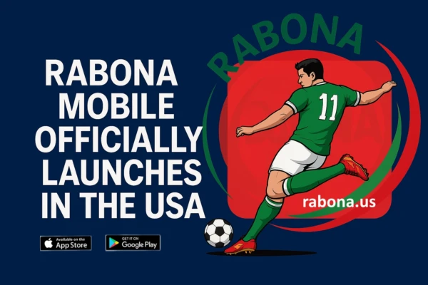 Graphic announcing Rabona Mobile's official launch in the USA, featuring a soccer player in a green jersey performing a rabona kick with the brand's circular logo and bold launch text on a dark blue background. rabona.us link also shown
