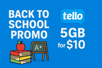 A digital graphic with a bright blue background featuring the text "Back to School Promo" and "5GB for $10," alongside a cartoon stack of books with an apple and a small chalkboard showing "A+," designed for a Tello Mobile promotion