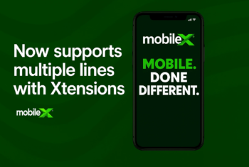 MobileX graphic highlighting new multi-line support through Xtensions. A phone screen shows the MobileX logo with the phrase 'MOBILE. DONE DIFFERENT.' Text on the left reads 'Now supports multiple lines with Xtensions,' all set against a green background.