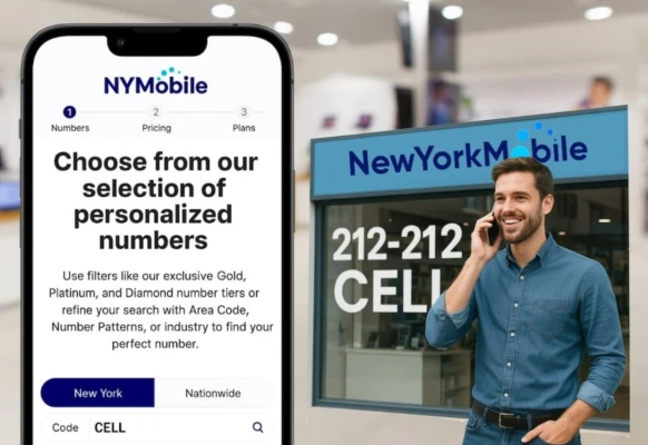 Person holding a phone standing in front of a New York Mobile store front. To the left is a giant cell phone describing NY Mobile phone service on its screen.