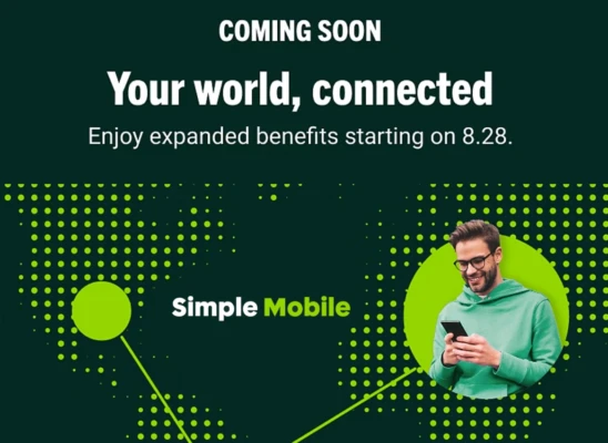 Man holding cell phone against green background. To his left is Simple Mobile logo and above him it says Your World Connected coming soon 8.28