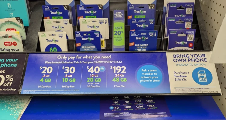 Display of Tracfone phone plans and SIM cards