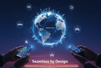 Image of the world with IOT devices connected to it and two hands holding phones powering the IOT devices