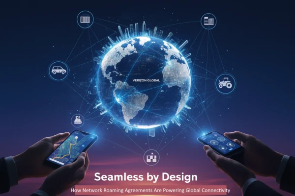 Image of the world with IOT devices connected to it and two hands holding phones powering the IOT devices