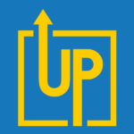 The word UP with an extended u with an arrow pointing up and an extended P with long bottom all wrapped in a thin lined yellow square against blue background. Logo for LinkUP