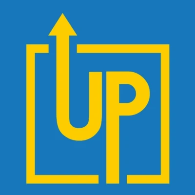 The word UP with an extended u with an arrow pointing up and an extended P with long bottom all wrapped in a thin lined yellow square against blue background. Logo for LinkUP