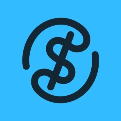 OnePay Wireless logo, dollar sign in black wrapped in almost a full circle against light blue background