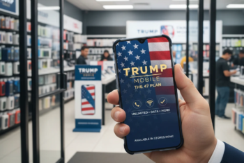 A man's hand holds a smartphone displaying the Trump Mobile logo and "The 47 Plan" in a wireless retail store. The background is a blurred view of the store interior with shelves of phones and other customers. The phone screen's background is a pattern of stars and stripes, referencing the American flag.