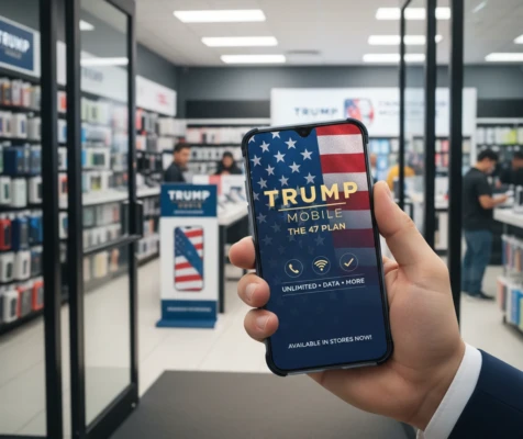 A man's hand holds a smartphone displaying the Trump Mobile logo and 