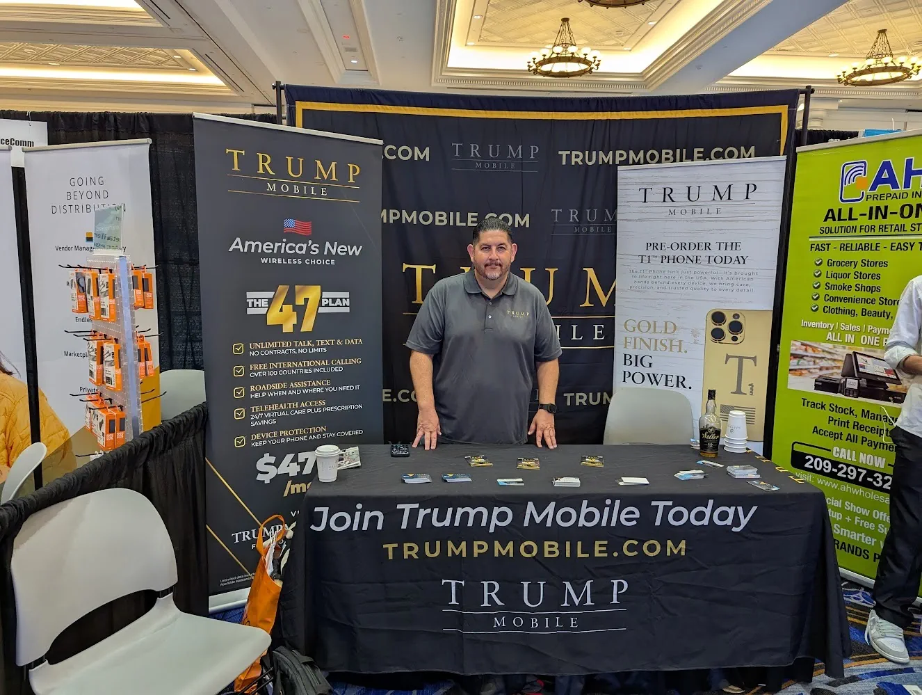 Trump Mobile exhibit AWPE Trump Mobile display exhibit at the 2025 All Wireless and Prepaid Expo
