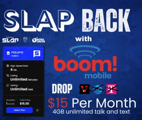 Boom Mobile promo with Slap Back written at the top describing $15/month plan with 4GB of data at the bottom of the graphic
