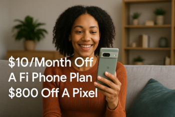 Smiling woman sitting on a sofa in her living room holding a sage green Google Pixel phone, with text promoting $10 off a Google Fi phone plan and $800 off a Pixel