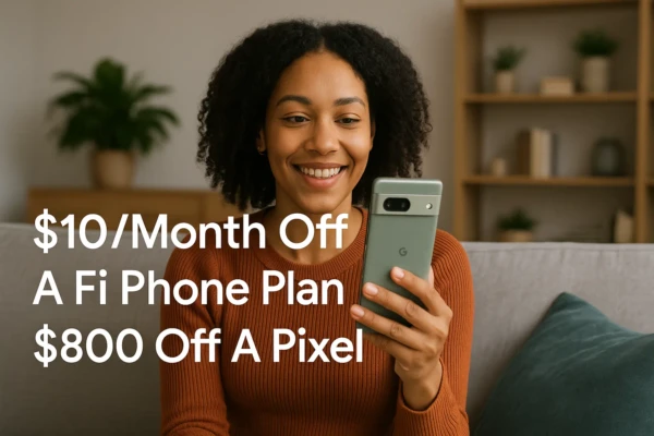 Smiling woman sitting on a sofa in her living room holding a sage green Google Pixel phone, with text promoting $10 off a Google Fi phone plan and $800 off a Pixel