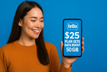 A smiling woman wearing an orange sweater holds up a smartphone displaying Tello’s blue and white $25 plan graphic that reads “$25 Plan Gets Data Boost to 50GB,” against a solid blue background.