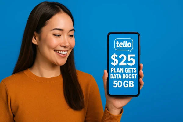 A smiling woman wearing an orange sweater holds up a smartphone displaying Tello’s blue and white $25 plan graphic that reads “$25 Plan Gets Data Boost to 50GB,” against a solid blue background.