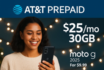 Smiling woman holding a Moto G 2025 smartphone while viewing AT&T Prepaid holiday deals on her phone, with festive holiday string lights in the background and text highlighting $25/mo 30GB plan