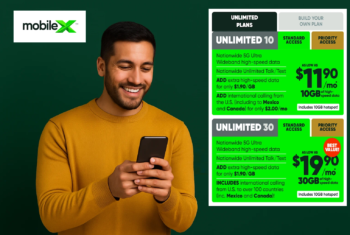 A man smiling while looking at his smartphone, with a MobileX graphic beside him highlighting 10GB for $11.90/month and 30GB for $19.90/month on a dark green background.