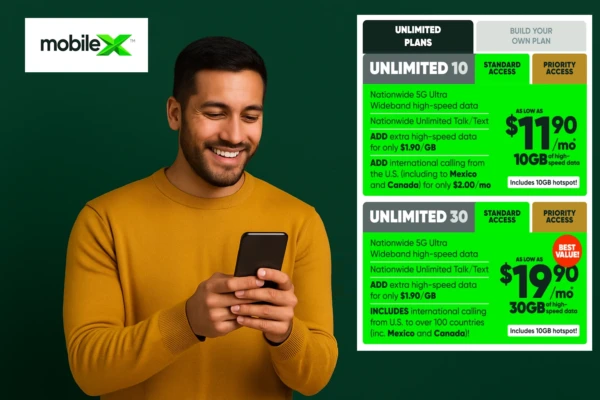 A man smiling while looking at his smartphone, with a MobileX graphic beside him highlighting 10GB for $11.90/month and 30GB for $19.90/month on a dark green background.