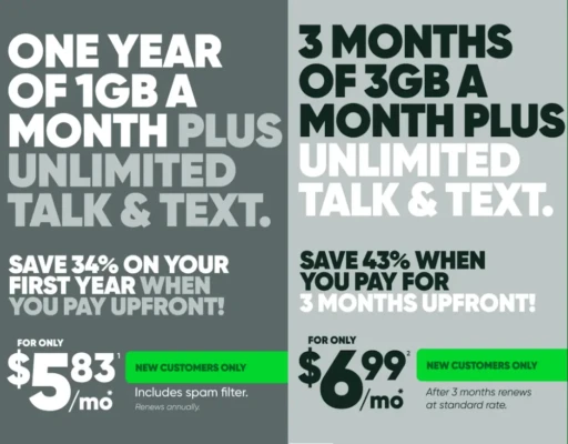 MobileX prepaid plan promotion showing $5.83 per month for one year with 1GB data and unlimited talk and text, and $6.99 per month for three months with 3GB data and unlimited talk and text for new customers.