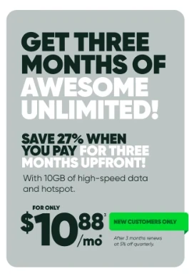 flyer showing MobileX three months of awesome unlimited promo 10GB of high-speed data for $10.88/month