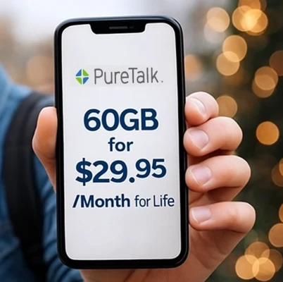 Hand showing phone screen that reads PureTalk 60GB for $29.95/month for life in blue against a white screen background