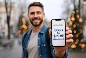 Man smiling outdoors during the holiday season while holding a smartphone showing PureTalk’s 60GB for $29.95 per month for life promotion, with blurred Christmas lights and trees in the background