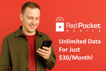 Smiling man in a red shirt looking at his smartphone in front of a bright red background with Red Pocket Mobile logo and text promoting unlimited data for just $30 per month