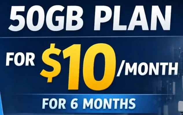 Promotional image showing a 50GB plan offered at $10 per month for six months