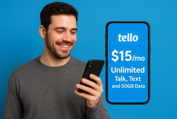 A man smiling while looking at his smartphone next to a graphic promoting Tello’s $15/month Black Friday deal with unlimited talk, text, and 50GB of data on a blue background.