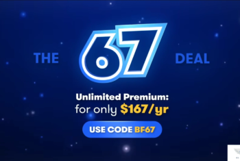 US Mobile promotional graphic reading ‘The 67 Deal’ advertising Unlimited Premium for $167 per year with the promo code BF67 on a dark blue background with glowing light effects.