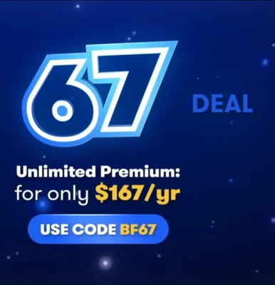 US Mobile promotional graphic reading ‘The 67 Deal’ advertising Unlimited Premium for $167 per year with the promo code BF67 on a dark blue background with glowing light effects