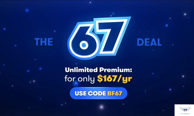 US Mobile promotional graphic reading ‘The 67 Deal’ advertising Unlimited Premium for $167 per year with the promo code BF67 on a dark blue background with glowing light effects.