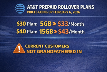 Graphic showing AT&T Prepaid rollover plan price increases effective February 6, 2026, with the $30 plan increasing to $33 per month and the $40 plan increasing to $43 per month, and a note that current customers will not be grandfathered.
